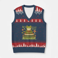 It Is A Good Day To Read A Book V-Neck Knit Sweater Vest Funny Frog Reading - Wonder Print Shop