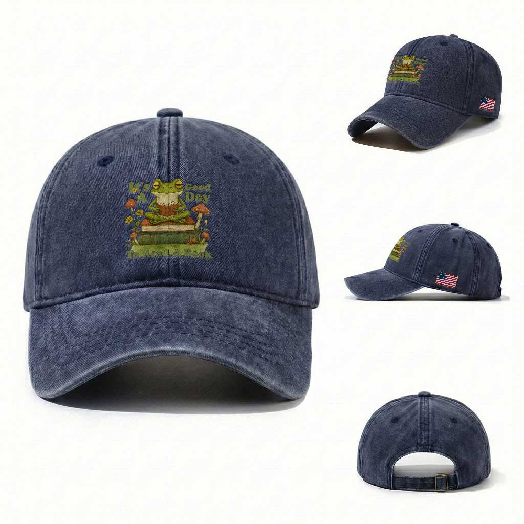 It Is A Good Day To Read A Book Washed Cotton Baseball Cap Funny Frog Reading