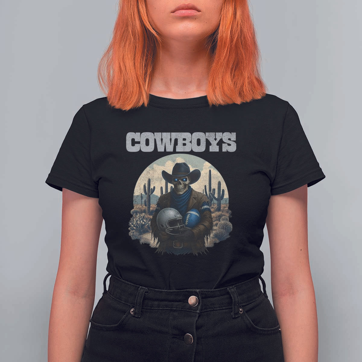 Skeleton Cowboy Football Player T Shirt For Women Western Fan Gift - Wonder Print Shop
