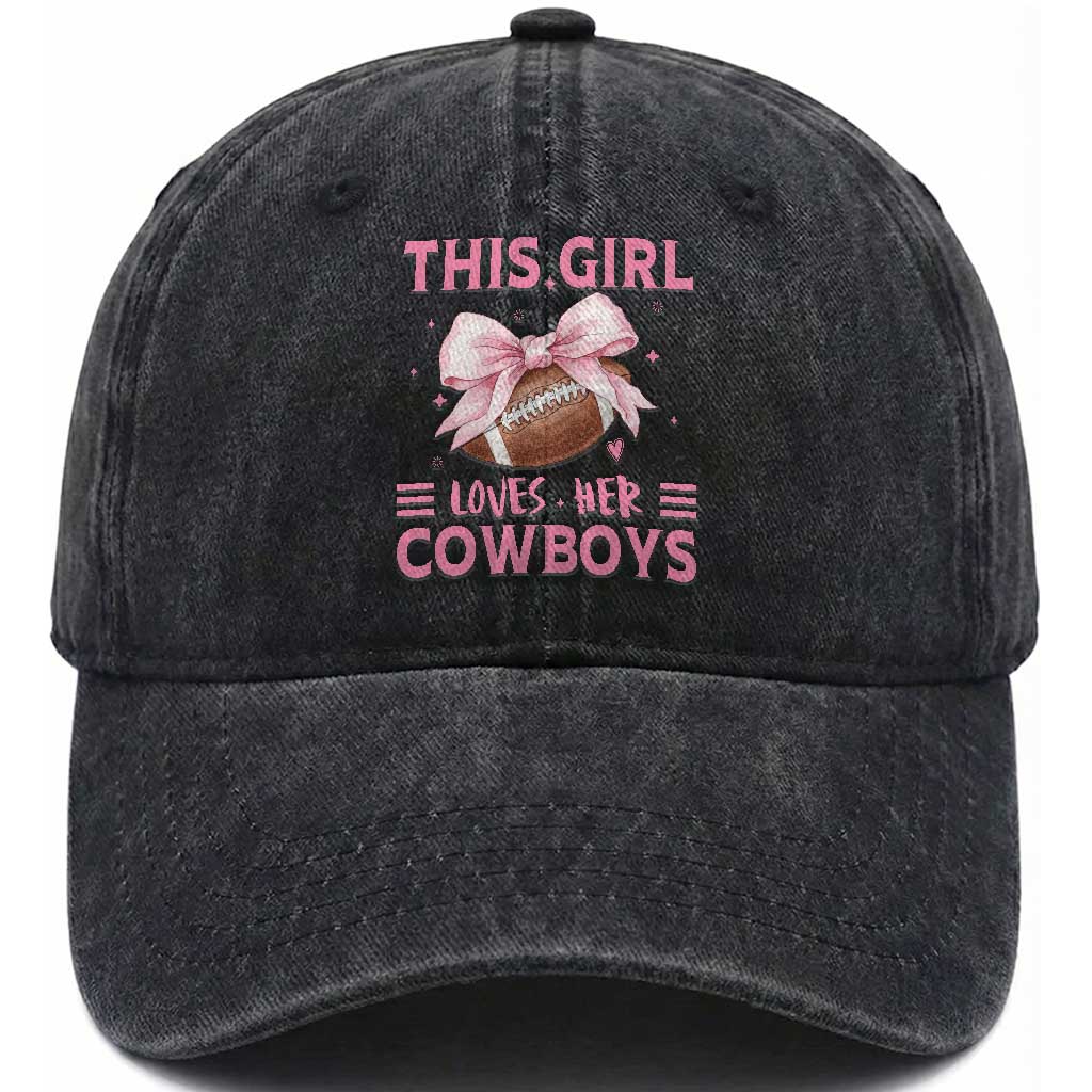 This Girl Loves Her Cowboy Washed Cotton Baseball Cap Pink Bow FF Gift