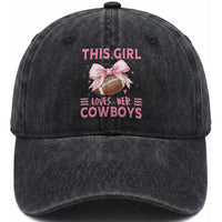 This Girl Loves Her Cowboy Washed Cotton Baseball Cap Pink Bow FF Gift