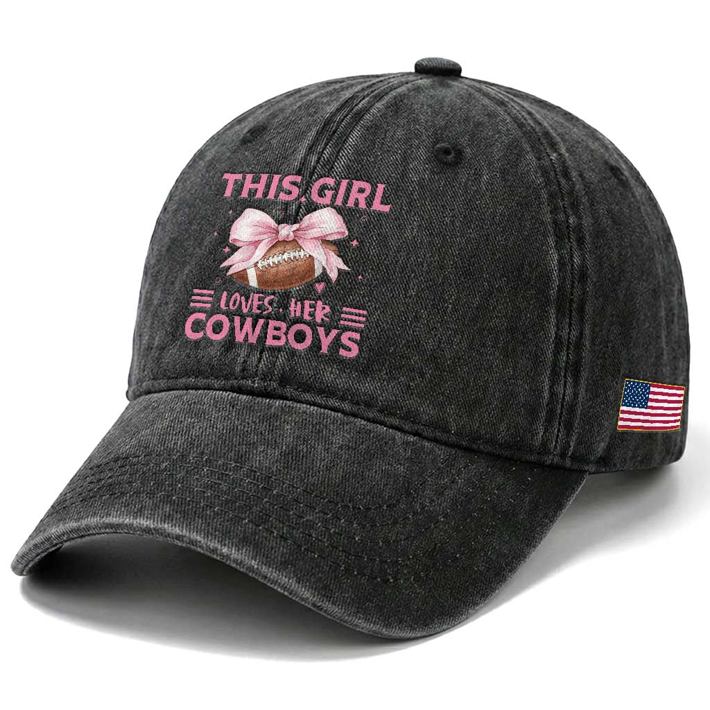 This Girl Loves Her Cowboy Washed Cotton Baseball Cap Pink Bow FF Gift
