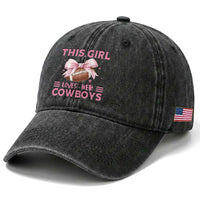 This Girl Loves Her Cowboy Washed Cotton Baseball Cap Pink Bow FF Gift