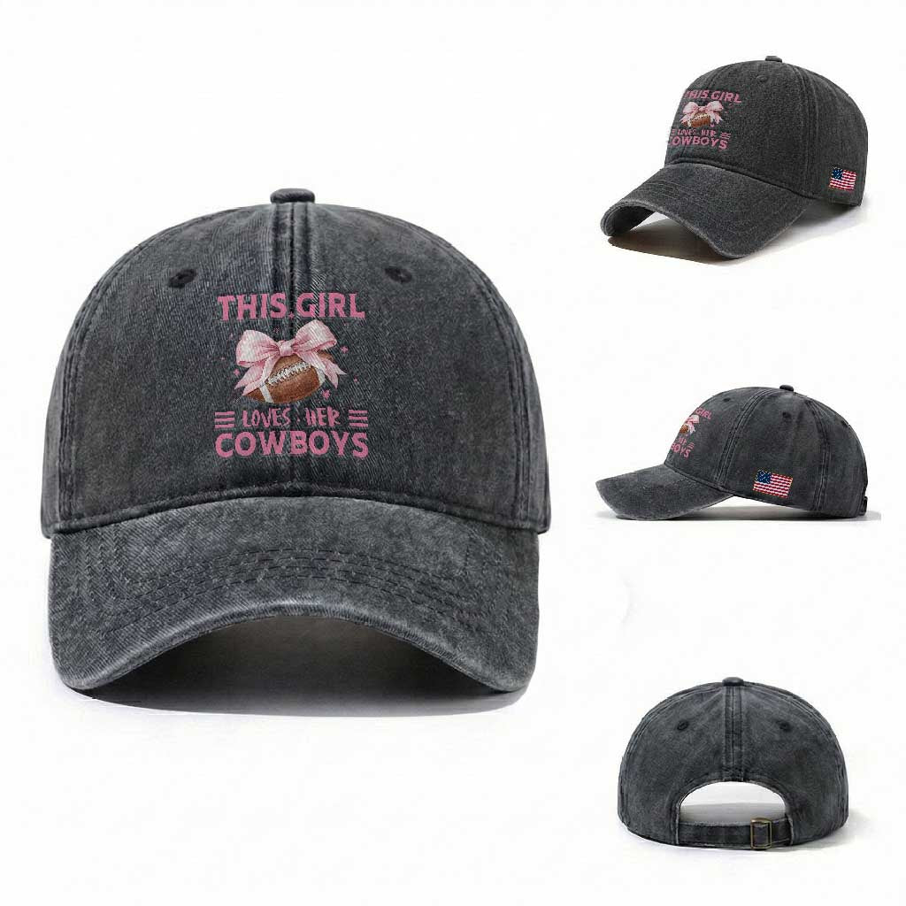 This Girl Loves Her Cowboy Washed Cotton Baseball Cap Pink Bow FF Gift
