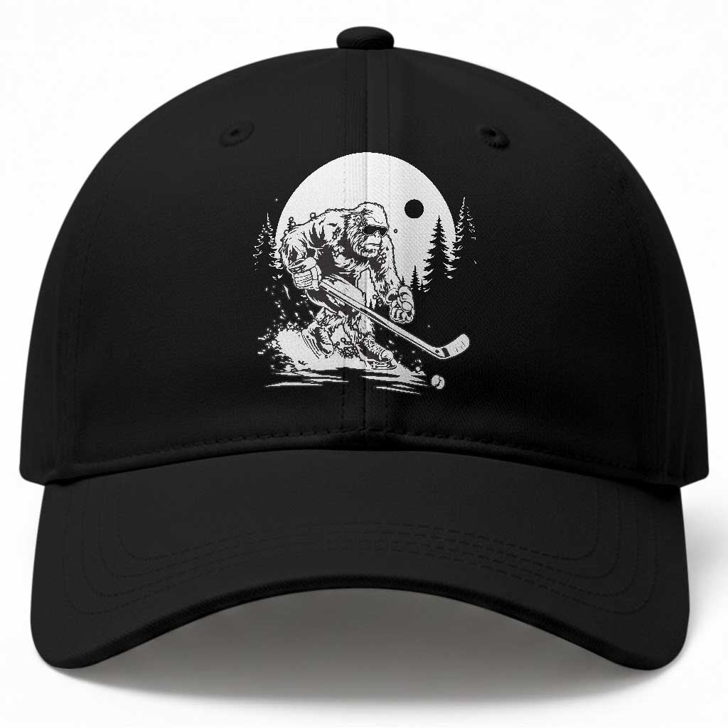 Bigfoot Playing Ice Hockey Baseball Cap Funny Cryptid Sports Gift