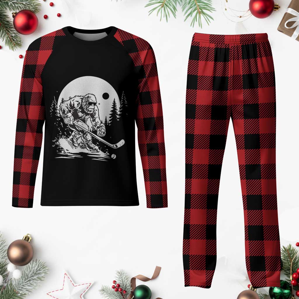 Bigfoot Playing Ice Hockey Plaid Pajama Set Funny Cryptid Sports Gift - Wonder Print Shop