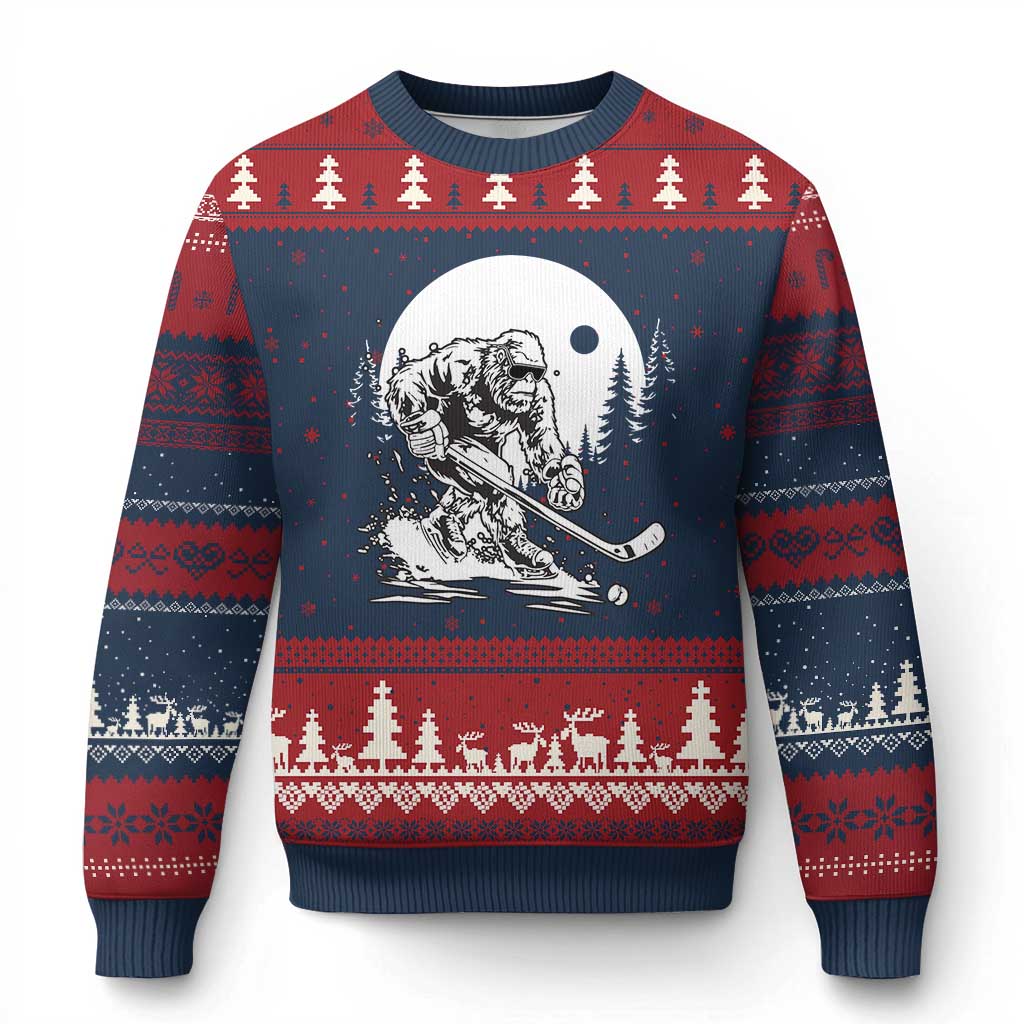 Bigfoot Playing Ice Hockey Ugly Christmas Sweater Funny Cryptid Sports Gift - Wonder Print Shop