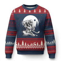 Bigfoot Playing Ice Hockey Ugly Christmas Sweater Funny Cryptid Sports Gift - Wonder Print Shop