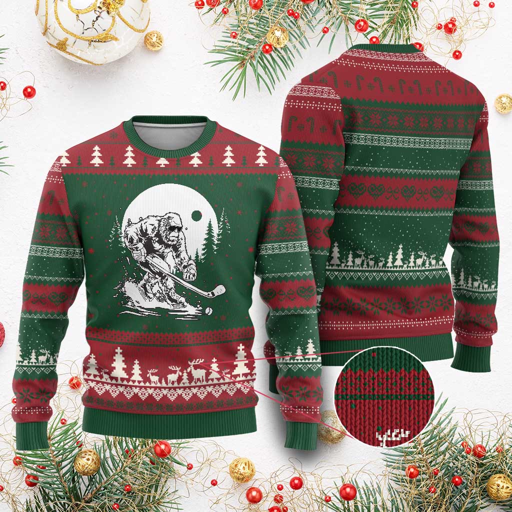 Bigfoot Playing Ice Hockey Ugly Christmas Sweater Funny Cryptid Sports Gift - Wonder Print Shop
