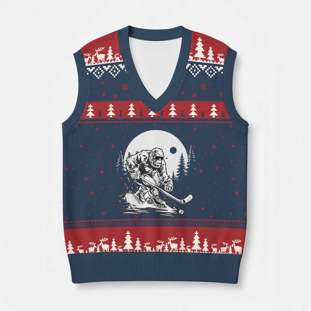 Bigfoot Playing Ice Hockey V-Neck Knit Sweater Vest Funny Cryptid Sports Gift - Wonder Print Shop