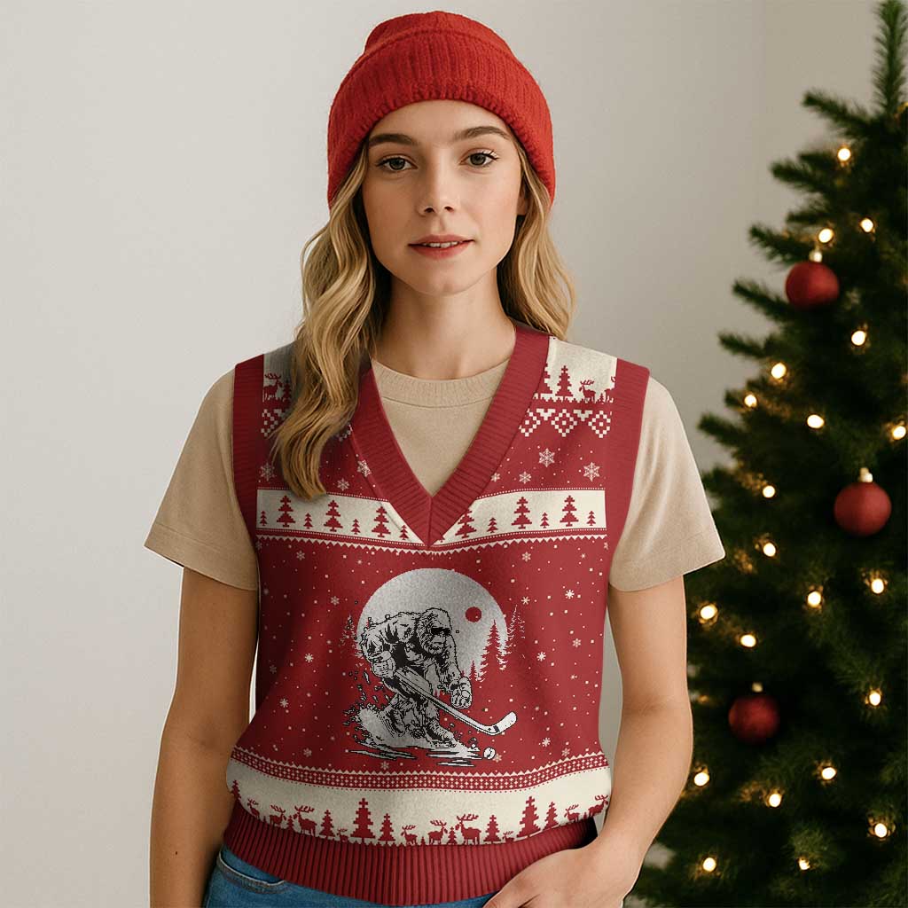 Bigfoot Playing Ice Hockey V-Neck Knit Sweater Vest Funny Cryptid Sports Gift - Wonder Print Shop
