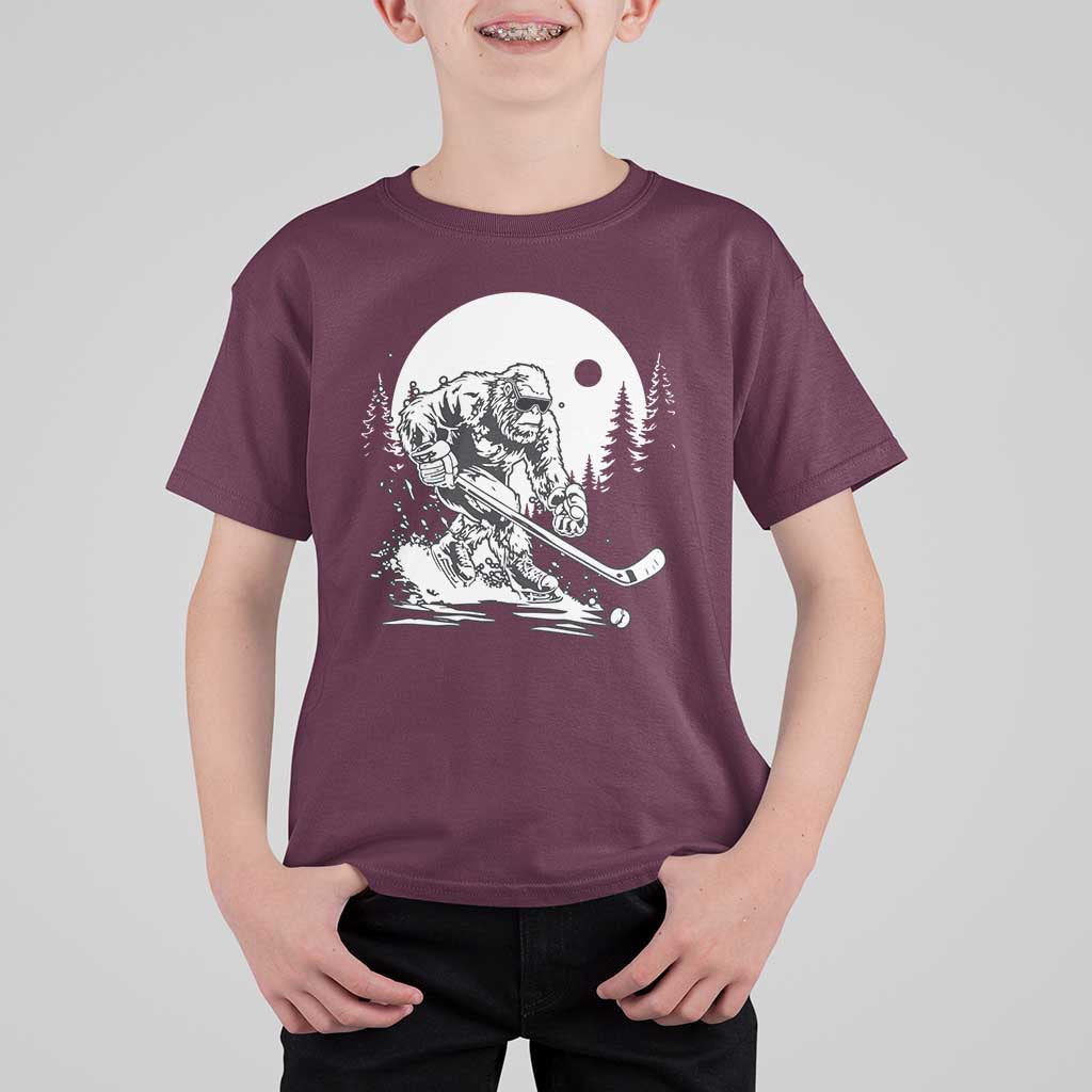 Bigfoot Playing Ice Hockey T Shirt For Kid Funny Cryptid Sports Gift - Wonder Print Shop