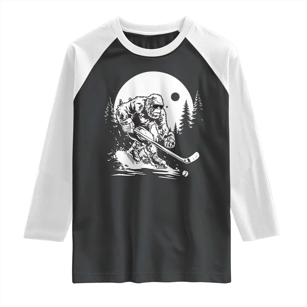 Bigfoot Playing Ice Hockey Raglan Shirt Funny Cryptid Sports Gift - Wonder Print Shop