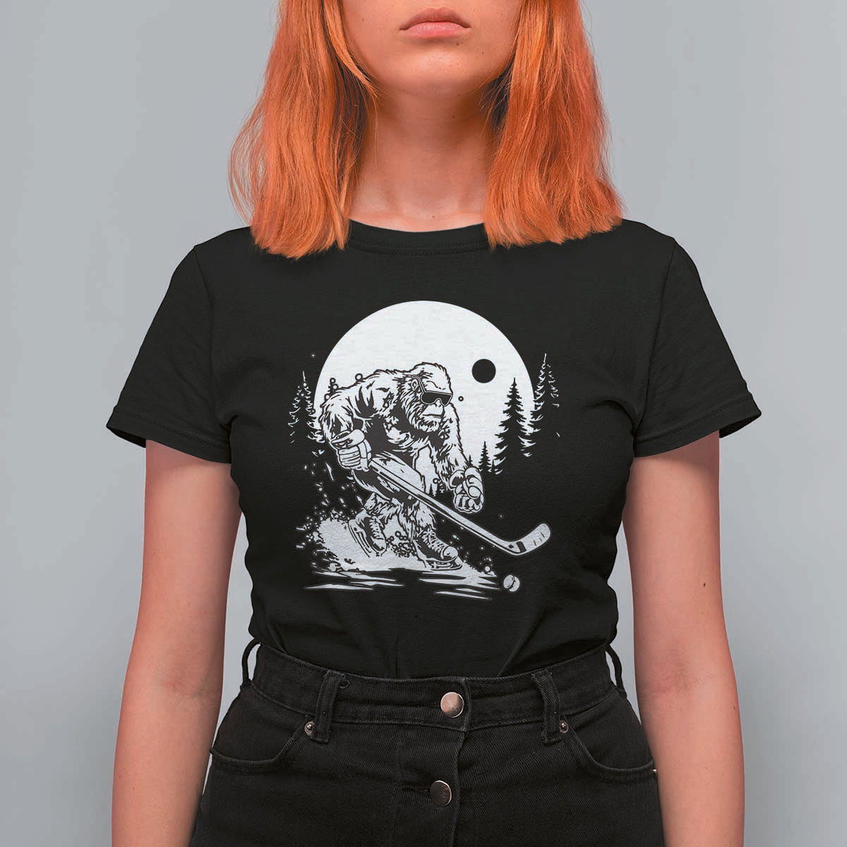 Bigfoot Playing Ice Hockey T Shirt For Women Funny Cryptid Sports Gift - Wonder Print Shop