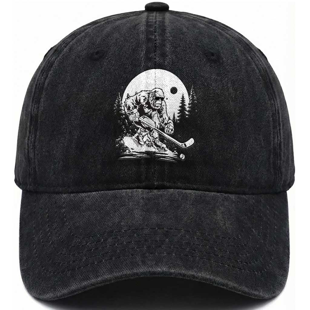 Bigfoot Playing Ice Hockey Washed Cotton Baseball Cap Funny Cryptid Sports Gift