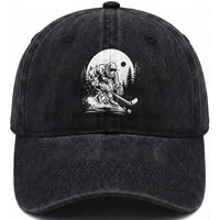 Bigfoot Playing Ice Hockey Washed Cotton Baseball Cap Funny Cryptid Sports Gift