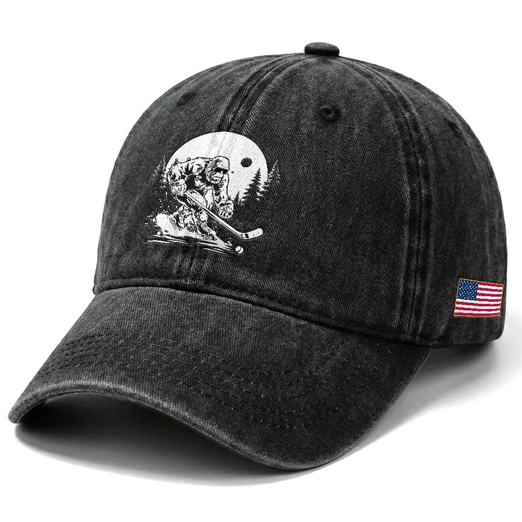 Bigfoot Playing Ice Hockey Washed Cotton Baseball Cap Funny Cryptid Sports Gift