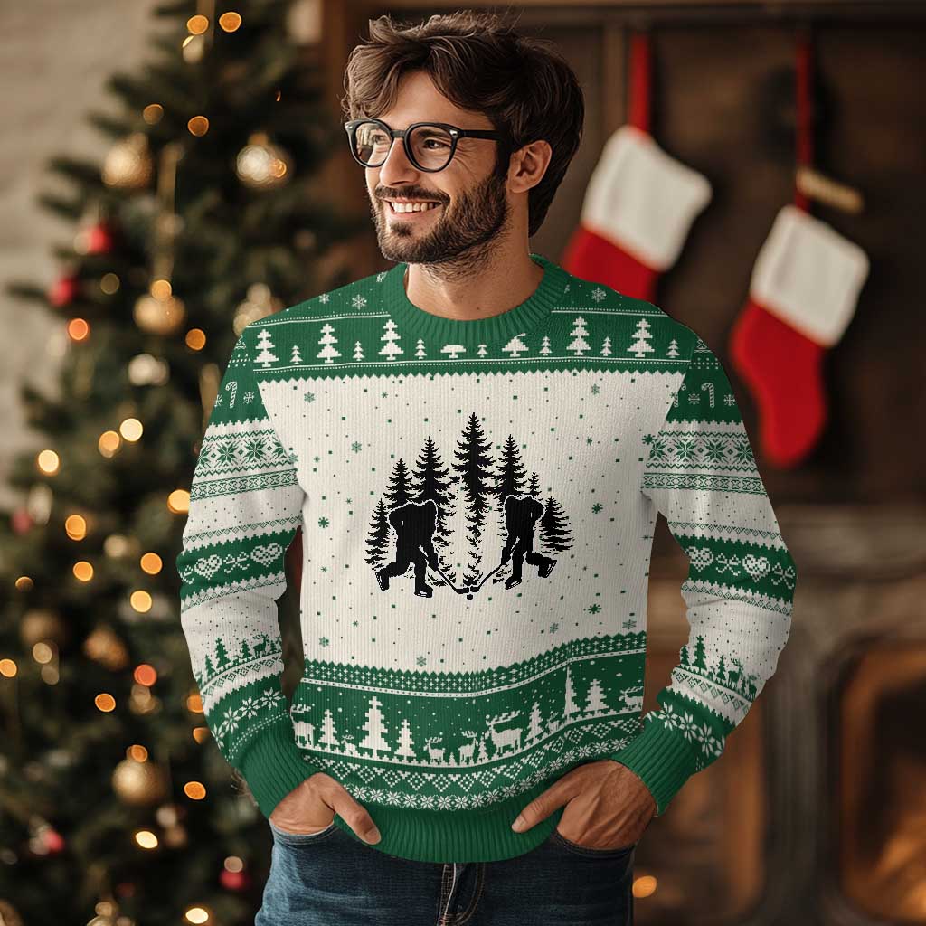 Funny Bigfoot Playing Ice Hockey Ugly Christmas Sweater Cryptid Lover Gift - Wonder Print Shop