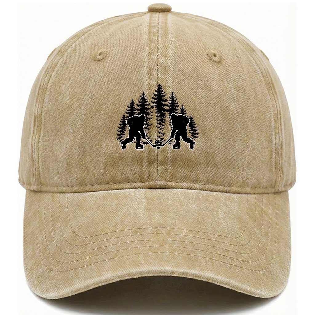 Funny Bigfoot Playing Ice Hockey Washed Cotton Baseball Cap Cryptid Lover Gift