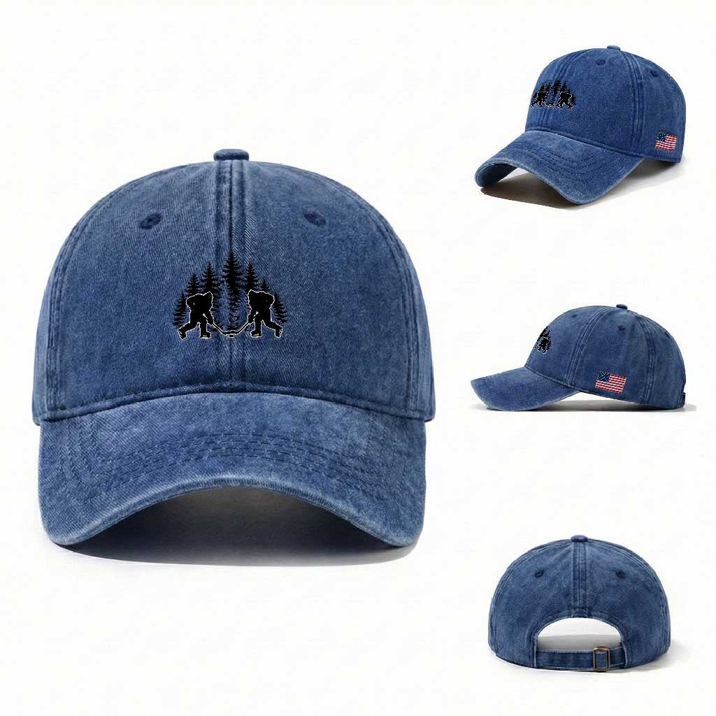 Funny Bigfoot Playing Ice Hockey Washed Cotton Baseball Cap Cryptid Lover Gift