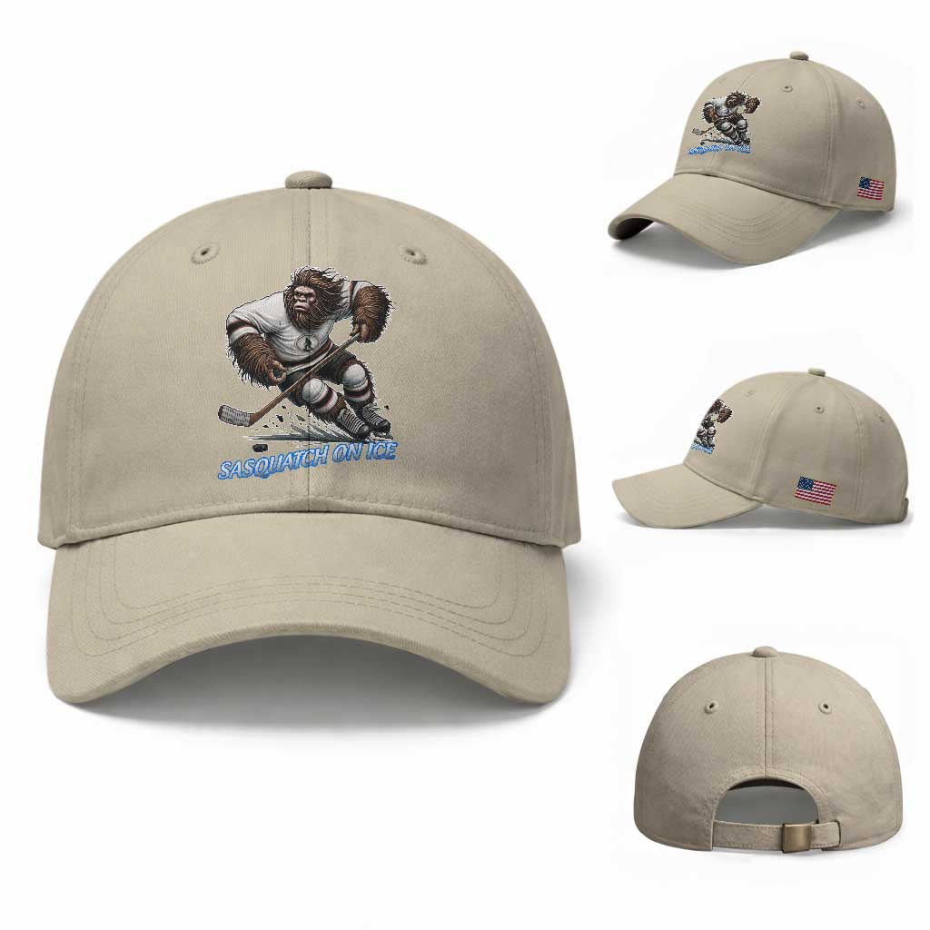 Sasquatch On Ice Baseball Cap Funny Bigfoot Hockey Player Gift