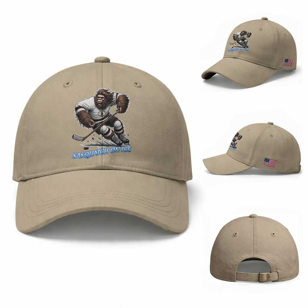 Sasquatch On Ice Baseball Cap Funny Bigfoot Hockey Player Gift