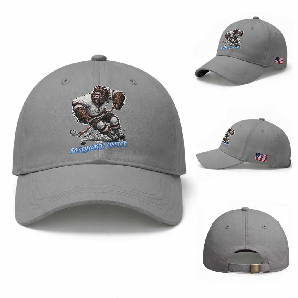 Sasquatch On Ice Baseball Cap Funny Bigfoot Hockey Player Gift