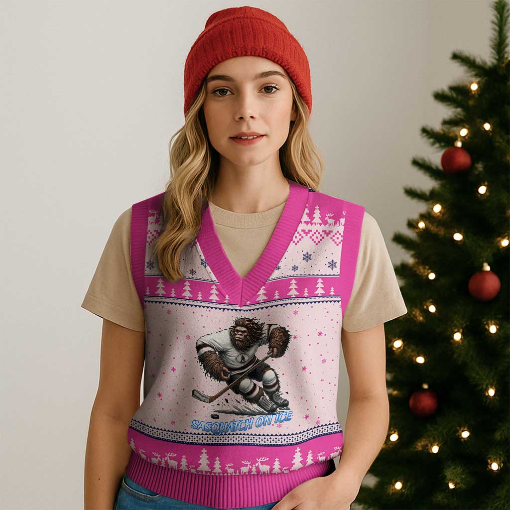 Sasquatch On Ice V-Neck Knit Sweater Vest Funny Bigfoot Hockey Player Gift - Wonder Print Shop