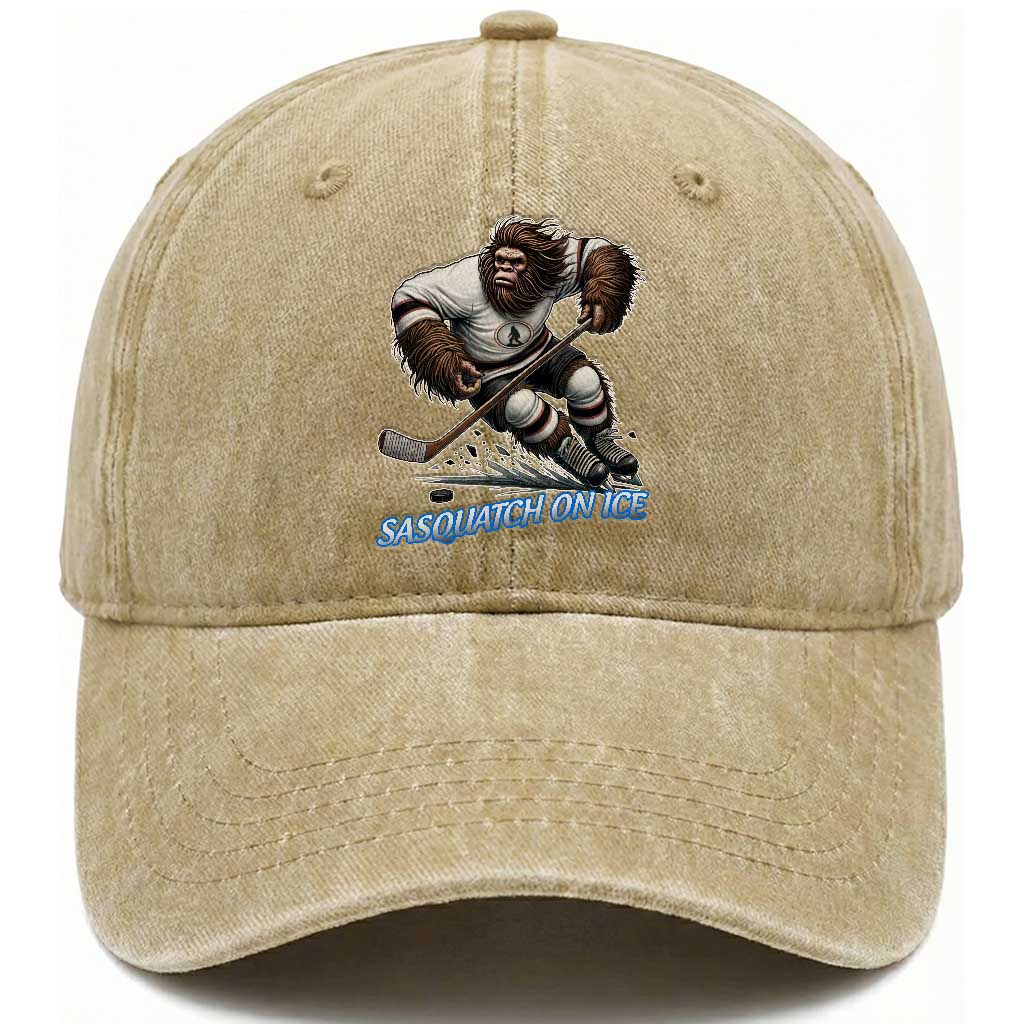 Sasquatch On Ice Washed Cotton Baseball Cap Funny Bigfoot Hockey Player Gift