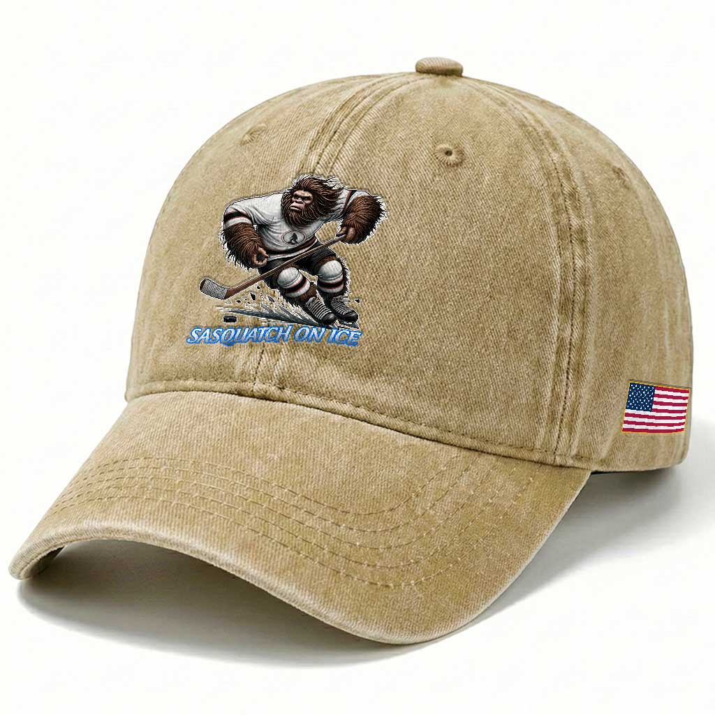 Sasquatch On Ice Washed Cotton Baseball Cap Funny Bigfoot Hockey Player Gift