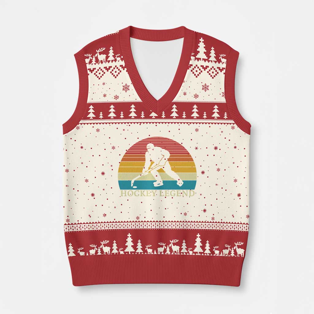 Bigfoot Hockey Legend V-Neck Knit Sweater Vest Retro Sasquatch Cryptid Player Gift - Wonder Print Shop
