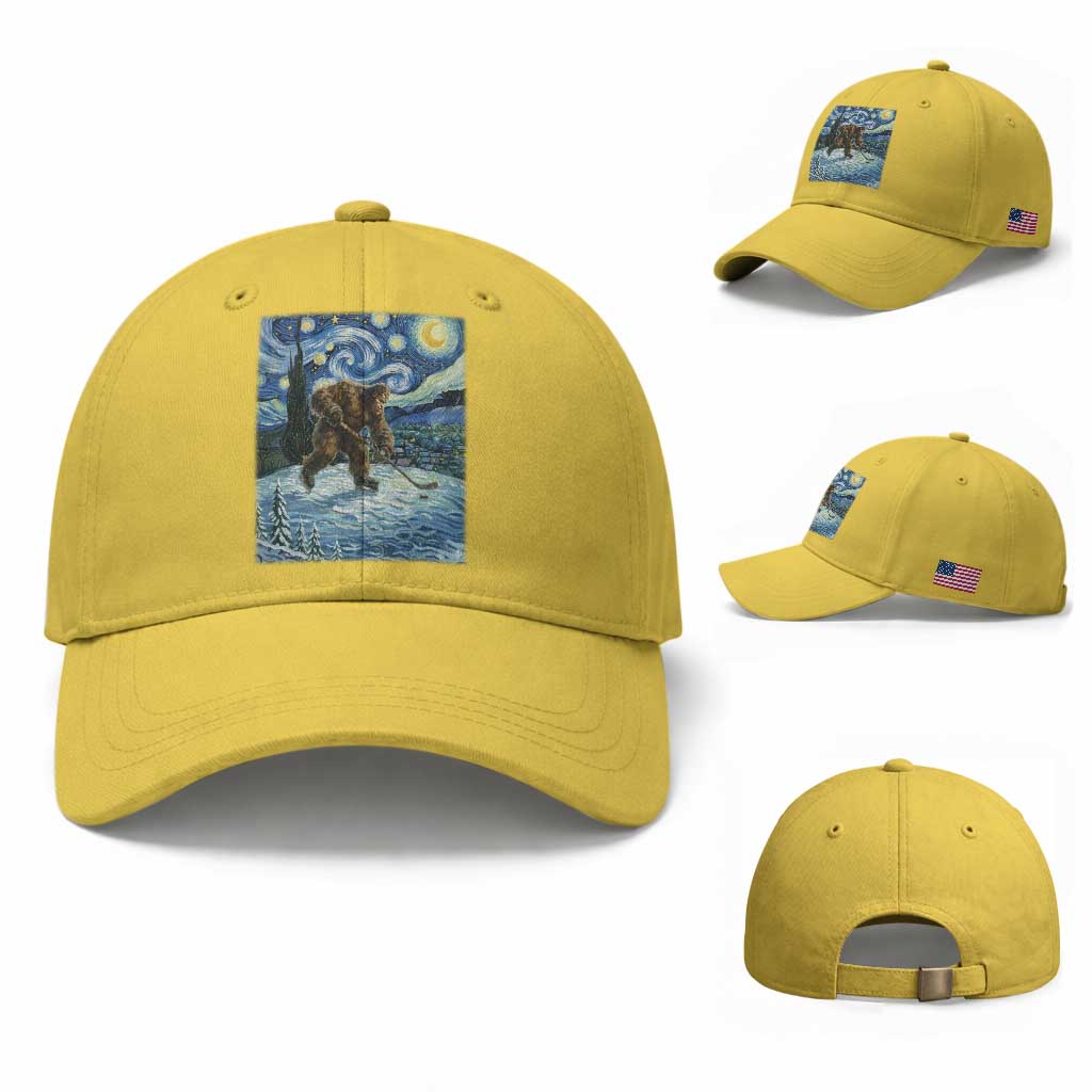Cryptid Hockey Bigfoot Starry Night Inspired Funny Gift Baseball Cap