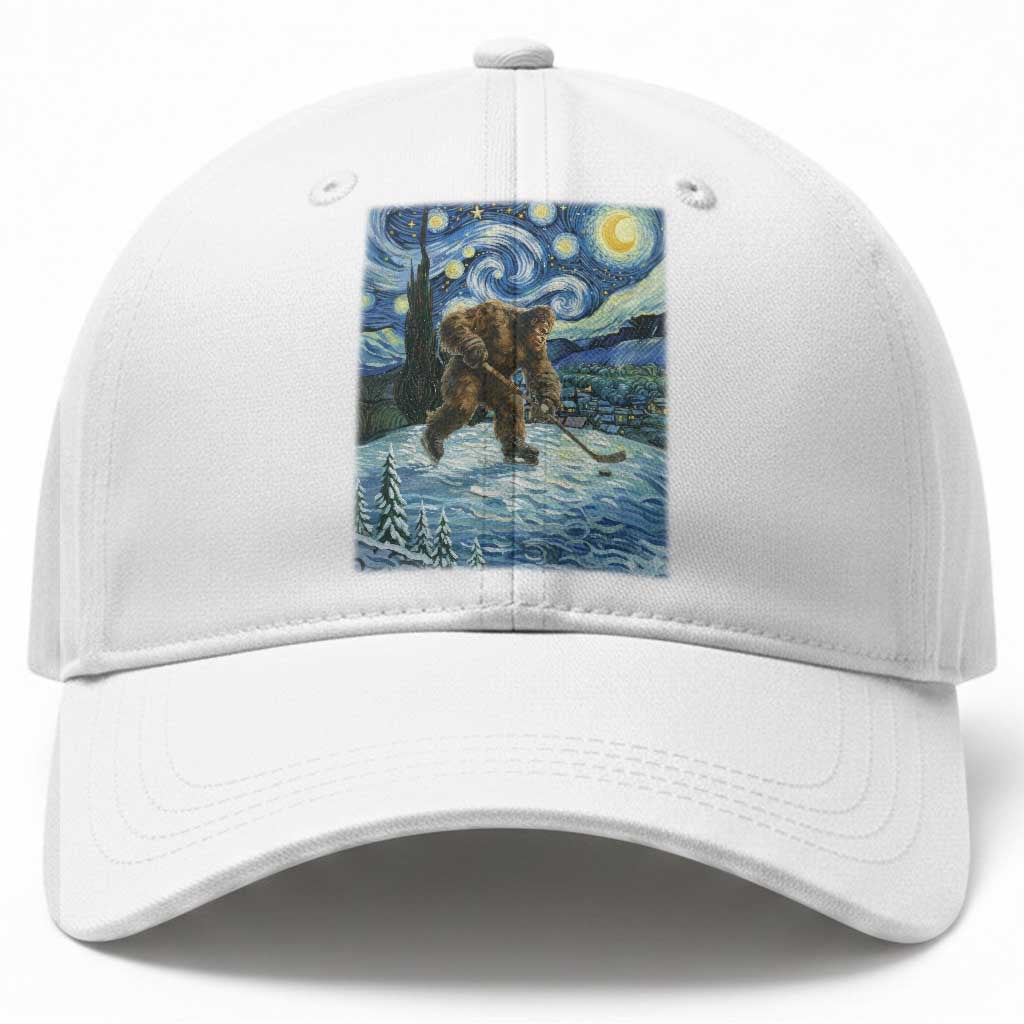 Cryptid Hockey Bigfoot Starry Night Inspired Funny Gift Baseball Cap