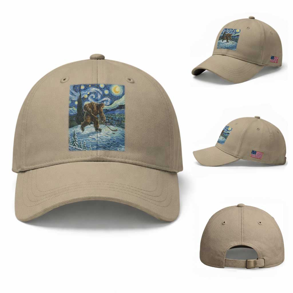 Cryptid Hockey Bigfoot Starry Night Inspired Funny Gift Baseball Cap