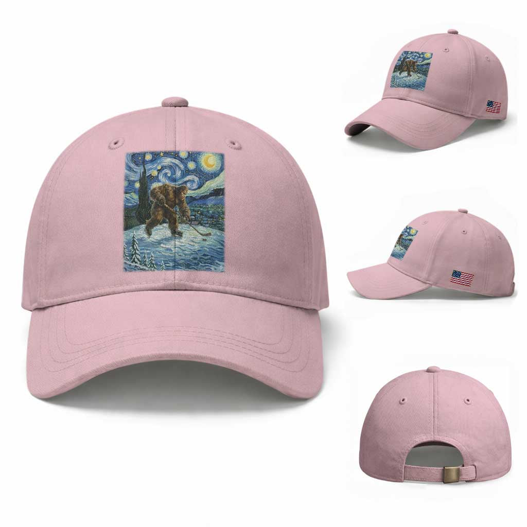 Cryptid Hockey Bigfoot Starry Night Inspired Funny Gift Baseball Cap