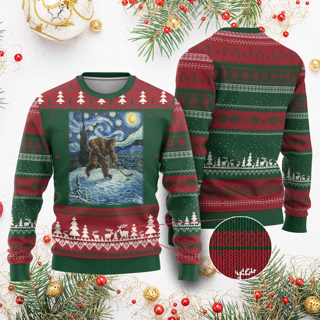 Cryptid Hockey Bigfoot Starry Night Inspired Funny Gift Ugly Christmas Sweater - Wonder Print Shop