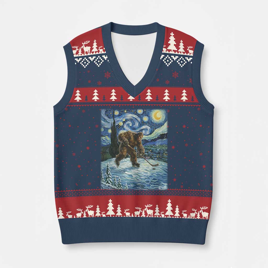 Cryptid Hockey Bigfoot Starry Night Inspired Funny Gift V-Neck Knit Sweater Vest - Wonder Print Shop