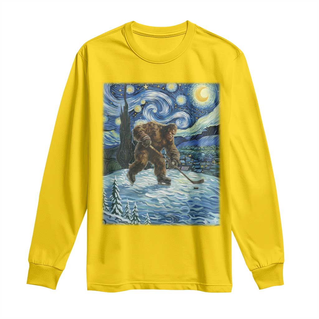 Cryptid Hockey Bigfoot Starry Night Inspired Funny Gift Long Sleeve Shirt - Wonder Print Shop