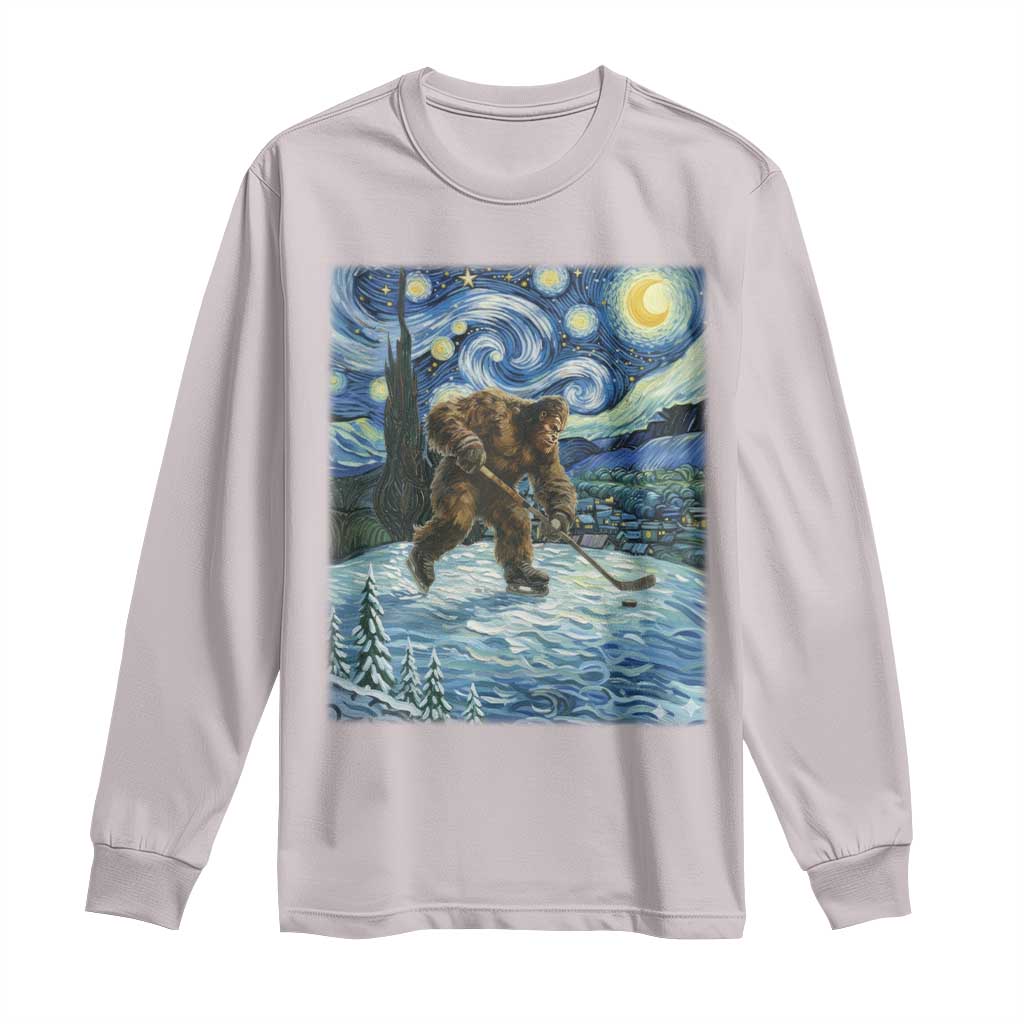 Cryptid Hockey Bigfoot Starry Night Inspired Funny Gift Long Sleeve Shirt - Wonder Print Shop