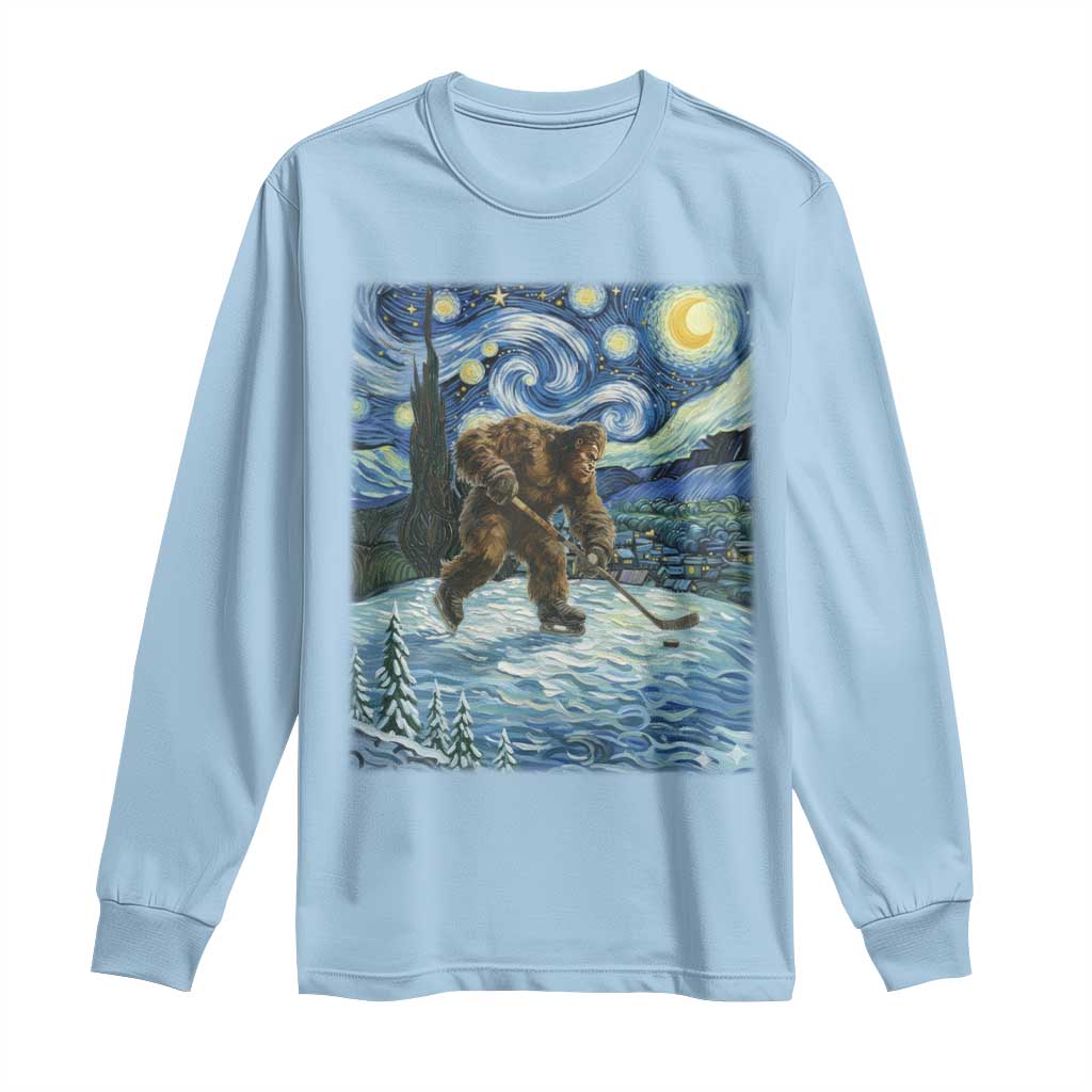 Cryptid Hockey Bigfoot Starry Night Inspired Funny Gift Long Sleeve Shirt - Wonder Print Shop