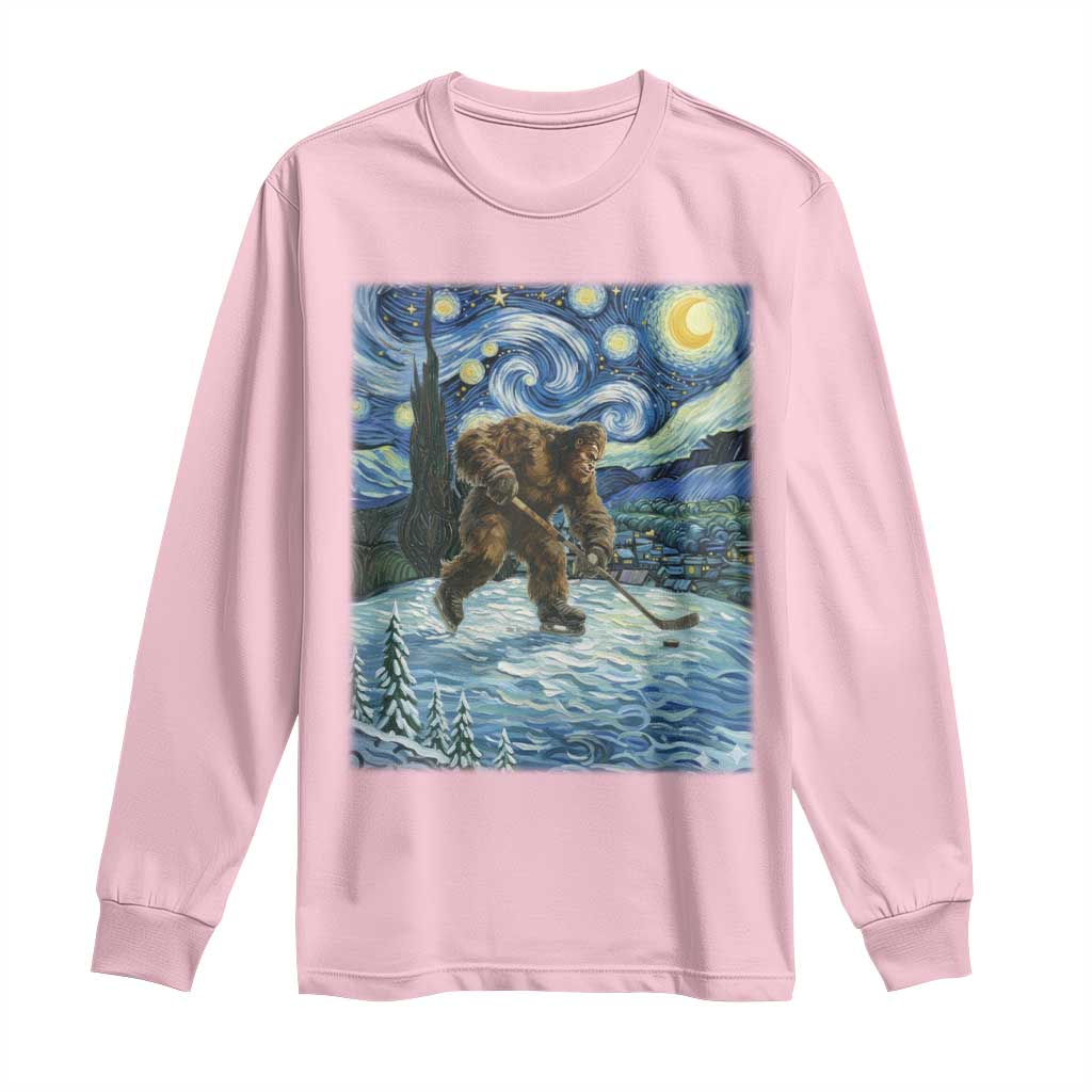 Cryptid Hockey Bigfoot Starry Night Inspired Funny Gift Long Sleeve Shirt - Wonder Print Shop