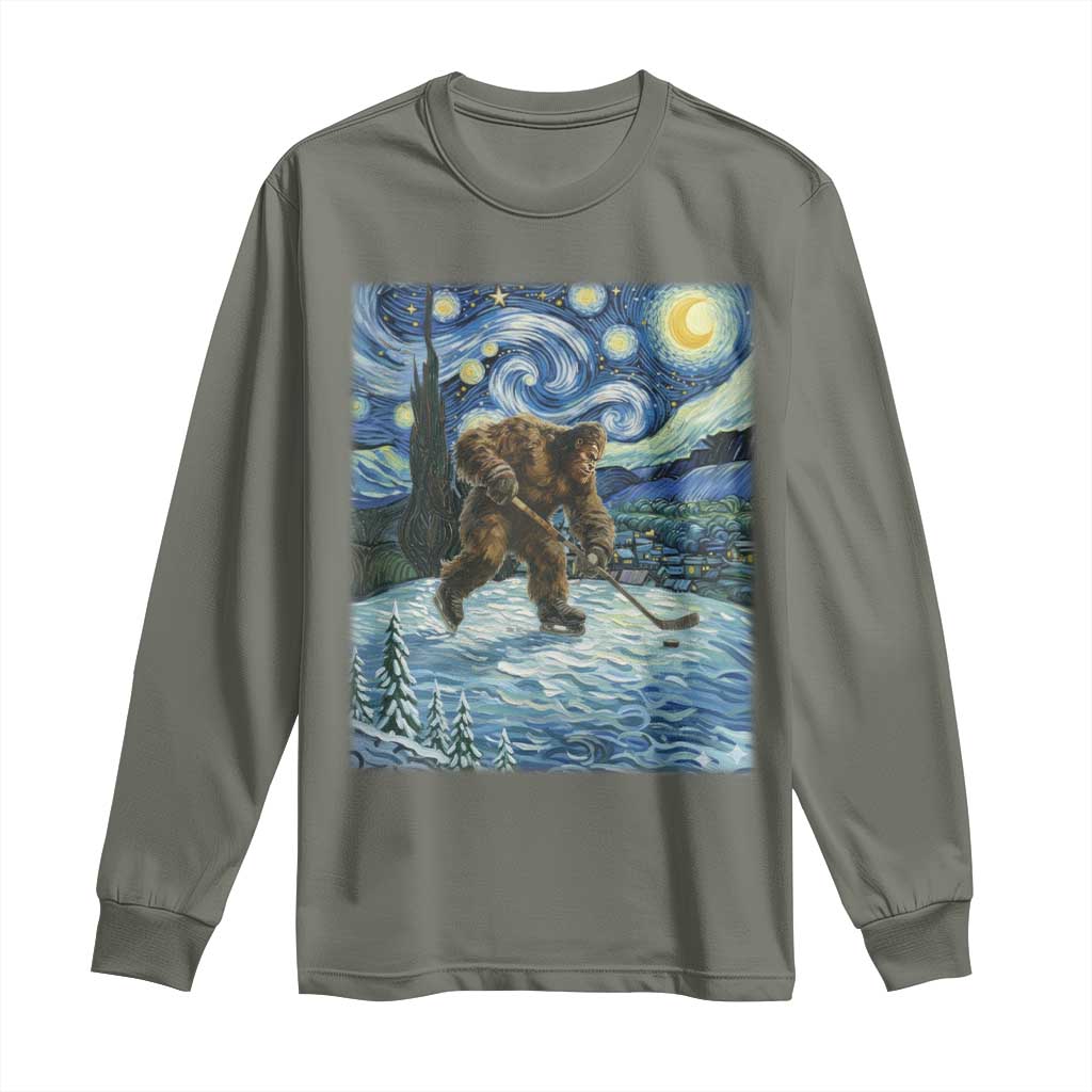 Cryptid Hockey Bigfoot Starry Night Inspired Funny Gift Long Sleeve Shirt - Wonder Print Shop
