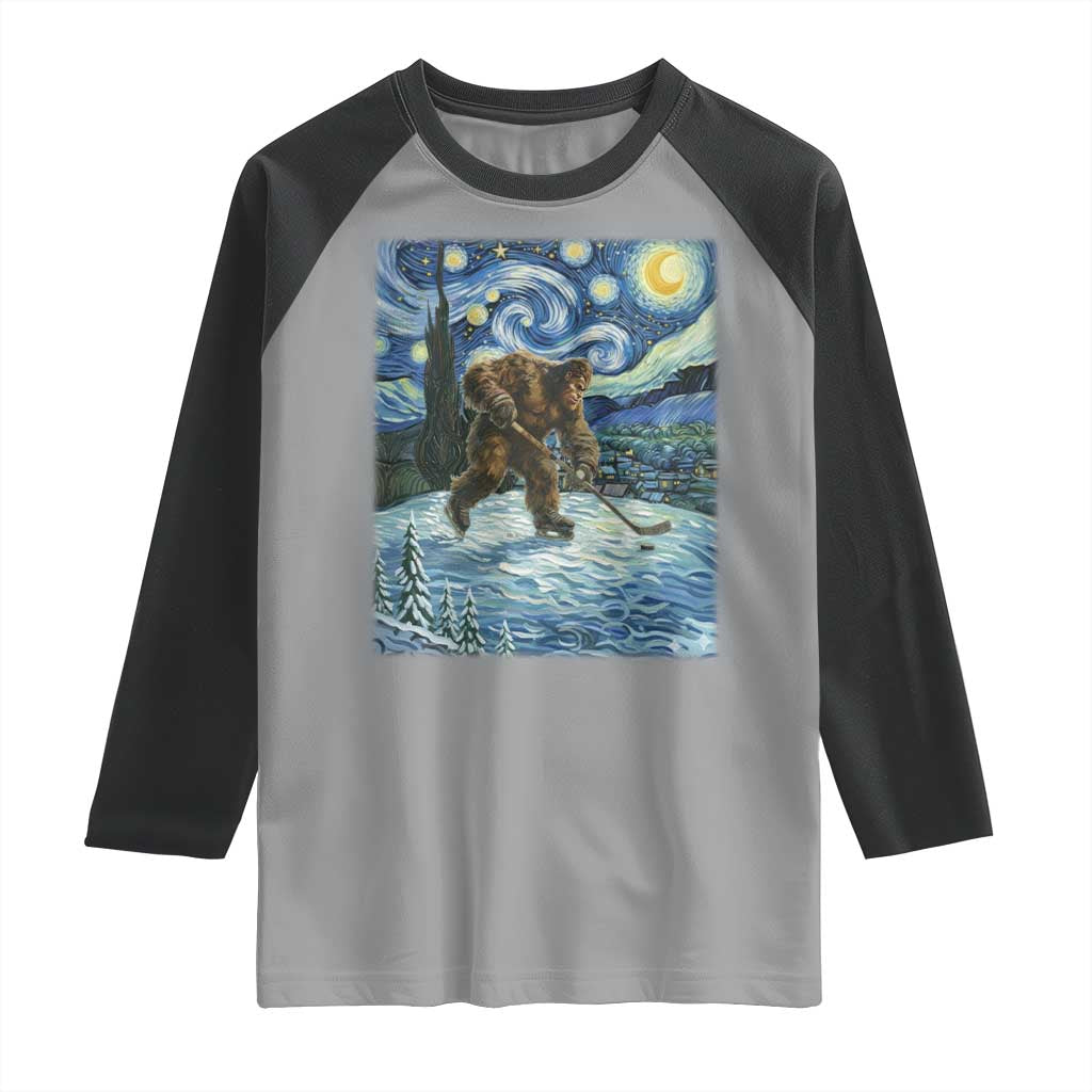 Cryptid Hockey Bigfoot Starry Night Inspired Funny Gift Raglan Shirt - Wonder Print Shop
