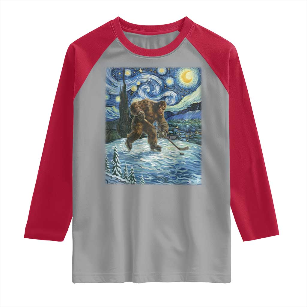 Cryptid Hockey Bigfoot Starry Night Inspired Funny Gift Raglan Shirt - Wonder Print Shop