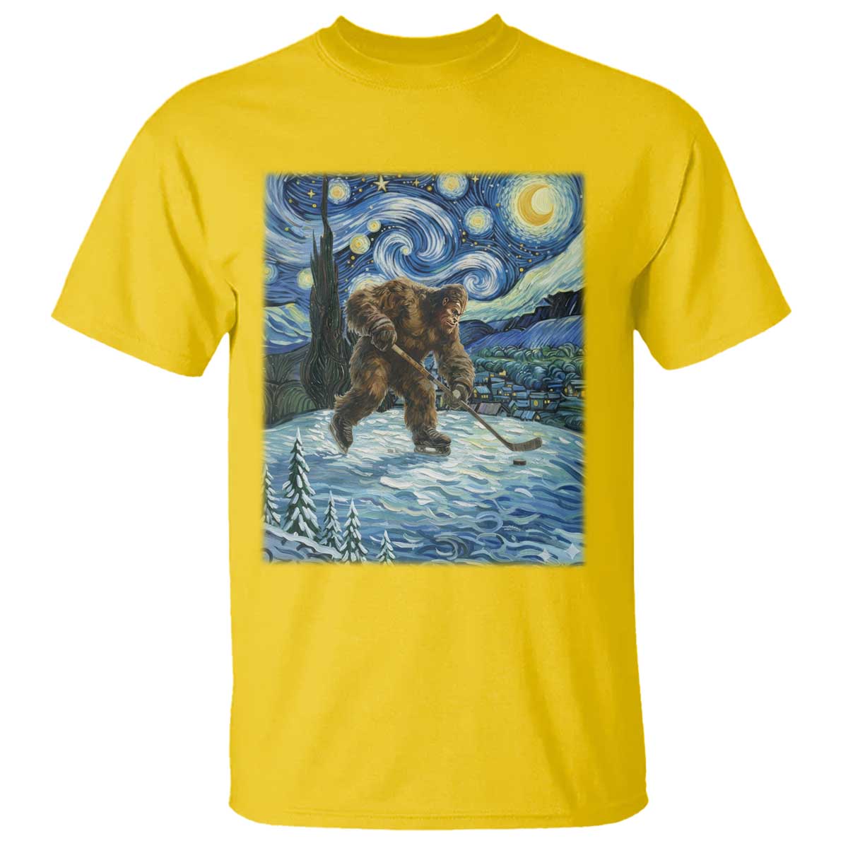 Cryptid Hockey Bigfoot Starry Night Inspired Funny Gift T Shirt - Wonder Print Shop