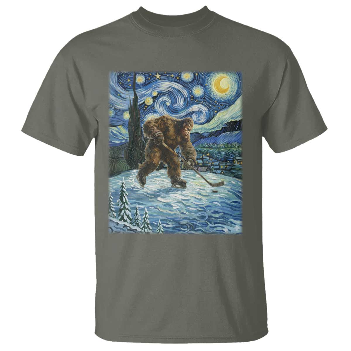 Cryptid Hockey Bigfoot Starry Night Inspired Funny Gift T Shirt - Wonder Print Shop
