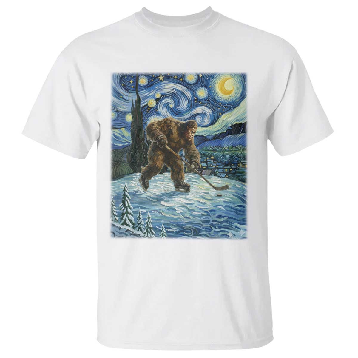 Cryptid Hockey Bigfoot Starry Night Inspired Funny Gift T Shirt - Wonder Print Shop