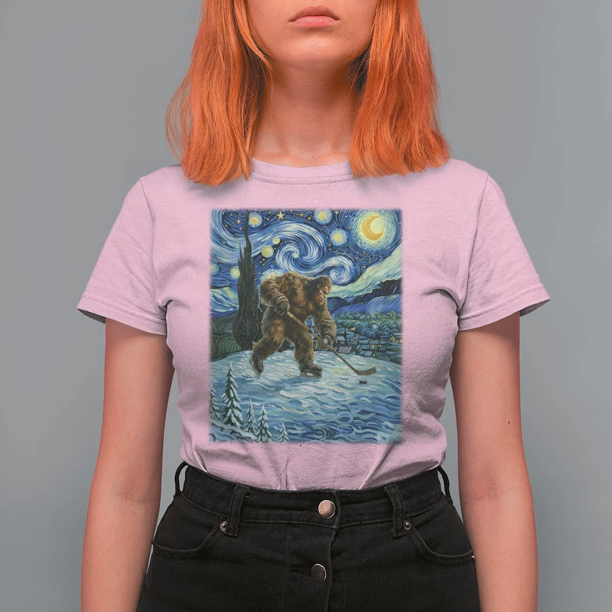 Cryptid Hockey Bigfoot Starry Night Inspired Funny Gift T Shirt For Women - Wonder Print Shop