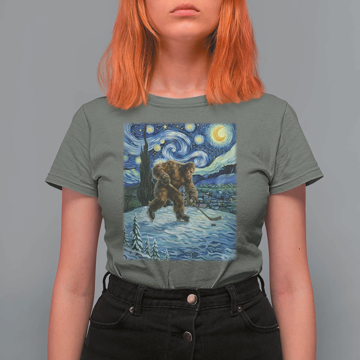 Cryptid Hockey Bigfoot Starry Night Inspired Funny Gift T Shirt For Women - Wonder Print Shop