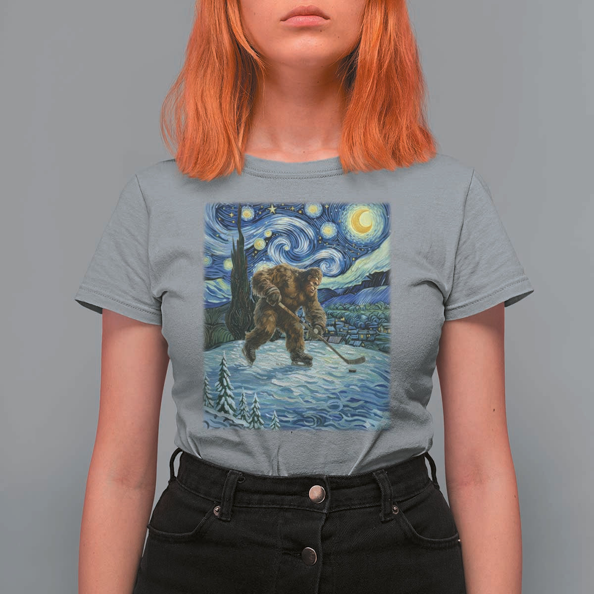 Cryptid Hockey Bigfoot Starry Night Inspired Funny Gift T Shirt For Women - Wonder Print Shop